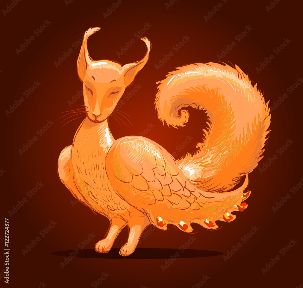 Fototapeta premium fantastic animal (fox-bird), a cute illustration, hand sketch, a