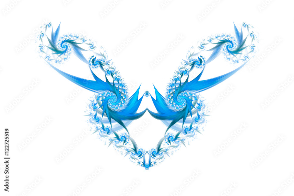 Dancing flames. Abstract spirals on white background. Symmetrical pattern. Fantasy fractal design in bright blue colors.