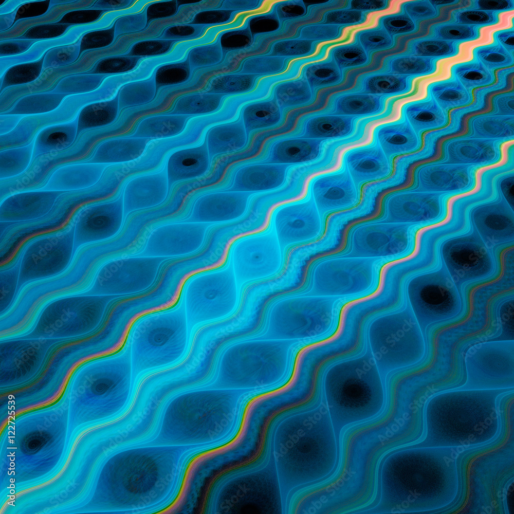 Fototapeta premium Abstract fantasy glowing waves on black background. Computer-generated fractal in blue and orange colors.