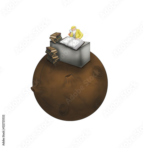 An old geographer is sitting at a table and counting the stars on his little planet. Children's illustration.