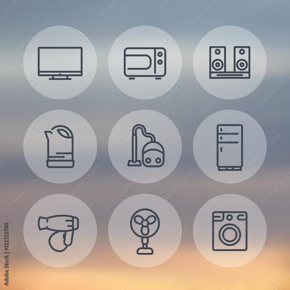 Appliances line icons set, microwave oven, vacuum cleaner, kettle, tv, fan, fridge, hairdryer, washing machine Appliances line icons set, microwave oven, vacuum cleaner, kettle, tv, fan, fridge, hairdryer, washing machine