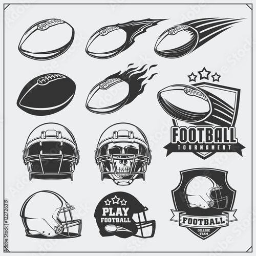 Soccer Football labels, emblems and design elements. Balls and helmets. Vector set. Monochrome design.
