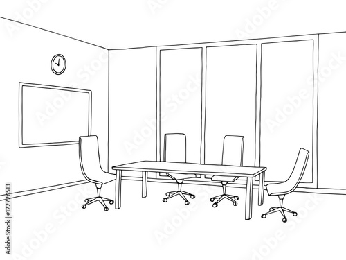 Office meeting room interior black white graphic art sketch illustration vector