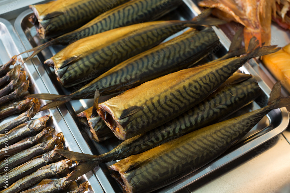 Cured mackerel and other fish in supermarket