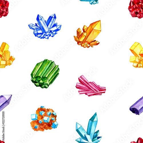 seamless pattern with watercolor minerals, gems,crystals