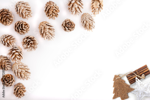 Christmas mockup desktop, pine cones on a white background, overlay your business message, design or quote. Great for small businesses, lifestyle bloggers and social media campaigns.