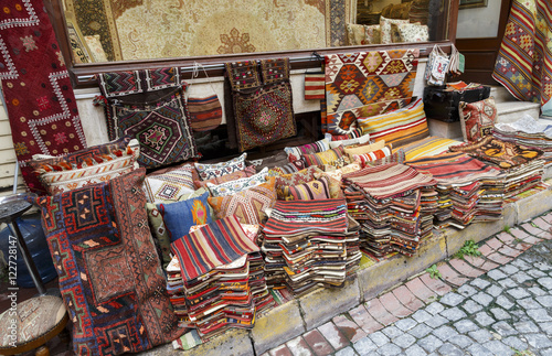 Traditional cushions and carpets in street of Istanbul,Turkey.