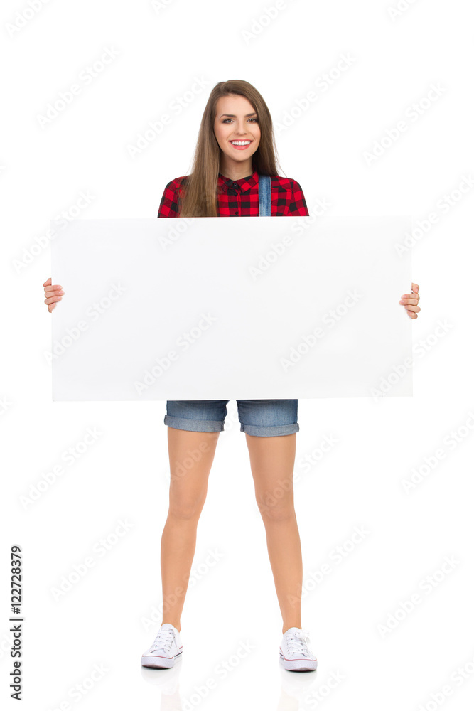 Smiling Girl Holding White Placard Full Length Isolated Smiling Girl Holding White Placard Full Length Isolated