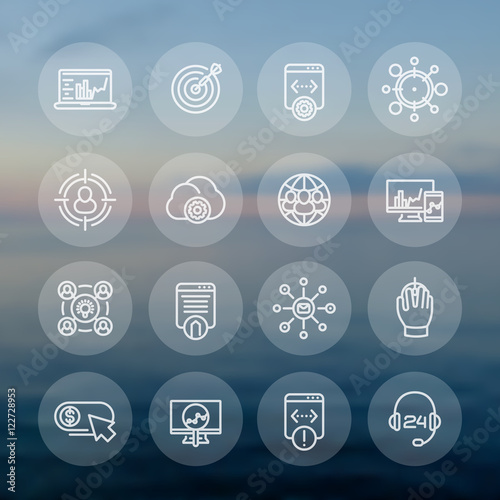 seo line icons set, search engine optimization, website analysis, indexing, internet marketing