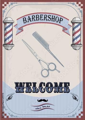 Frame border scissors and comb sign shingle for barber, coiffeur