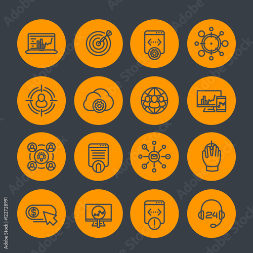 seo line icons set, search engine optimization, website analysis, indexing, ranking, vector illustration