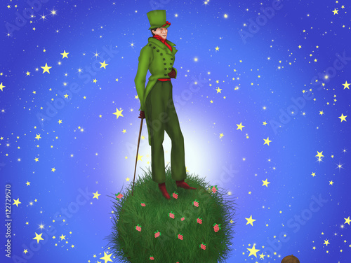Честолюбец на планете на фоне звездное небо. Маленький Принц. The conceited man on the planet against the starry sky. The Little Prince.
