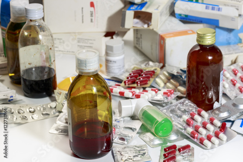 Syrups, inhaler, capsules and pills. Outdated medicines