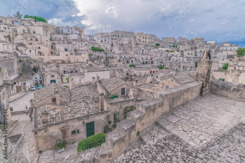 panoramic view of stones (Sassi di Matera)  of Matera under blue sky. Matera in Italy