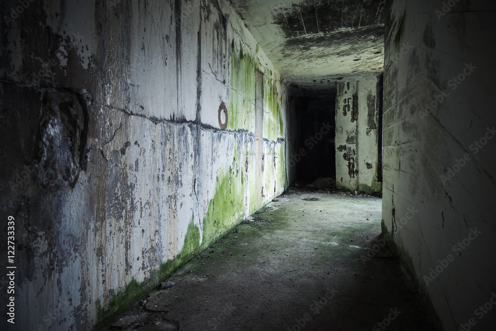 Empty abandoned bunker interior with black end