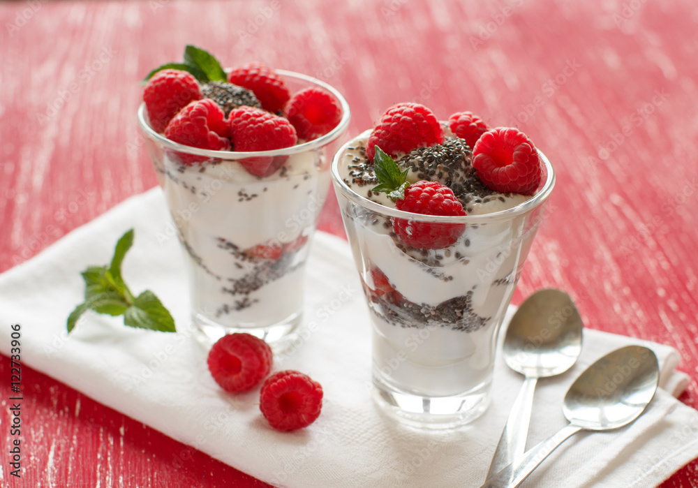 Yogurt with chia seeds, walnuts and raspberries Yogurt with chia seeds, walnuts and raspberries