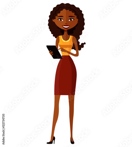African smiling business young girl standing with tablet