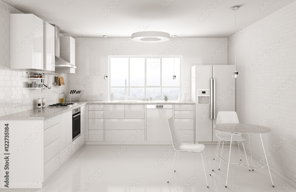 Fototapeta premium Modern white kitchen interior 3d rendering