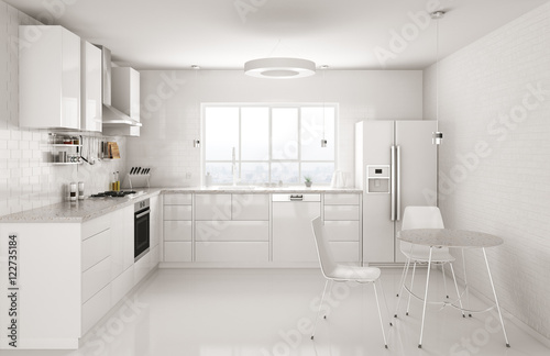 Modern white kitchen interior 3d rendering
