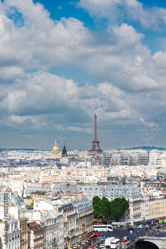 skyline of Paris city roofs with seine river and Eiffel Tower from above, France © neirfy