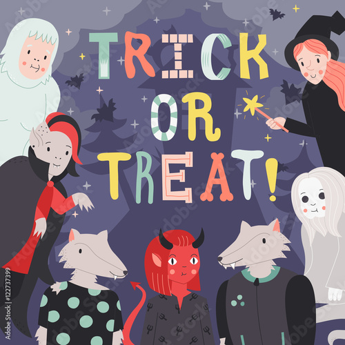 Trick or treat Halloween illustration with monsters. Part one.