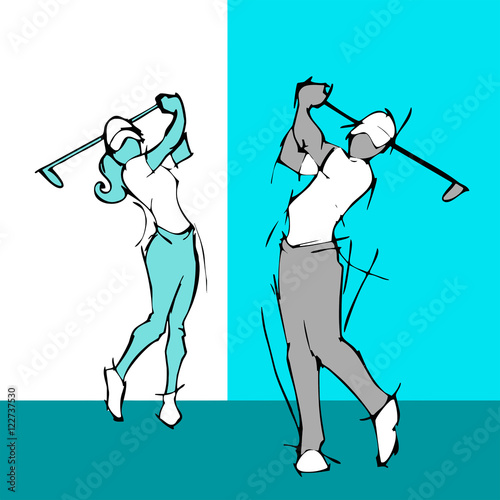  hand draw silhouette of golf player couple 