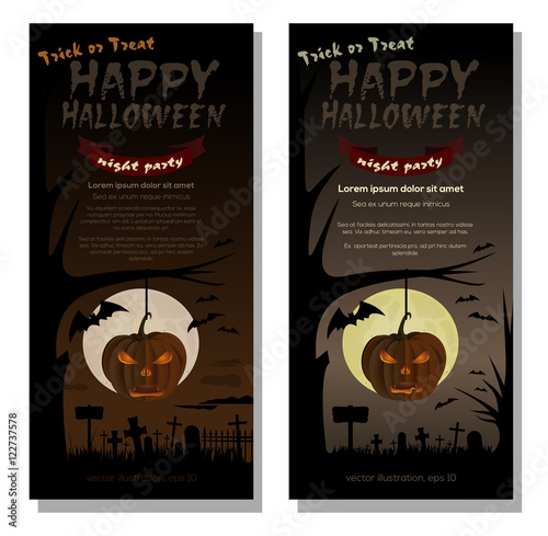 Happy Halloween. Full moon over cemetery. Vector poster template