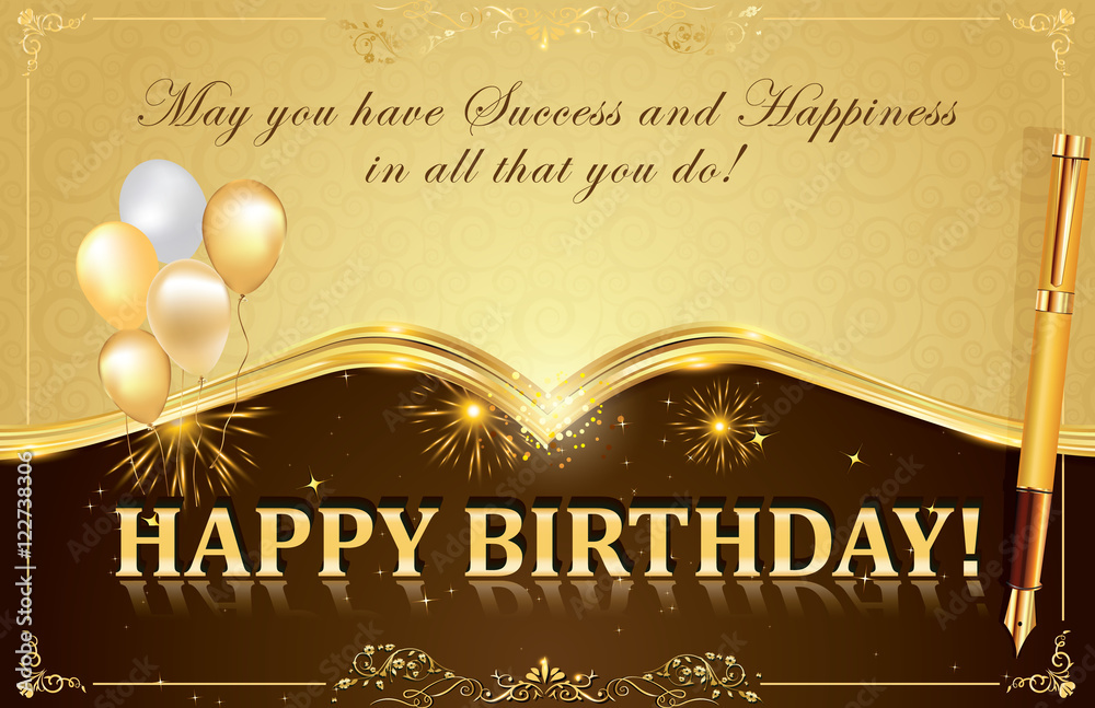 Φωτογραφία Happy Birthday card with fireworks, balloons and pen, for your boss, colleague, business partners