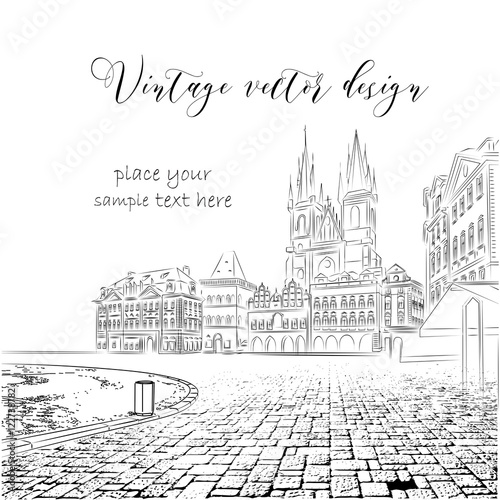 Vintage sketch of the urban landscape. The old city of Prague. Vector illustration