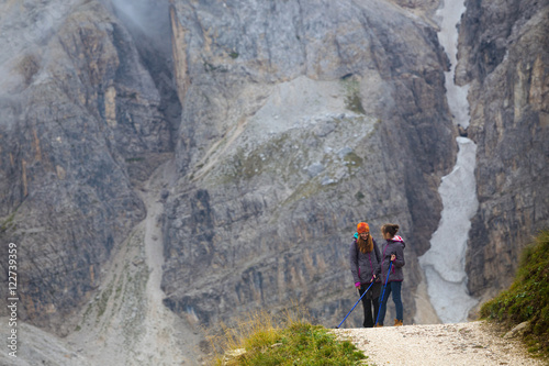 tourist girls at the Dolomites