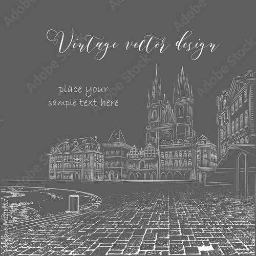 Vintage sketch of the urban landscape. The old city of Prague. Vector illustration