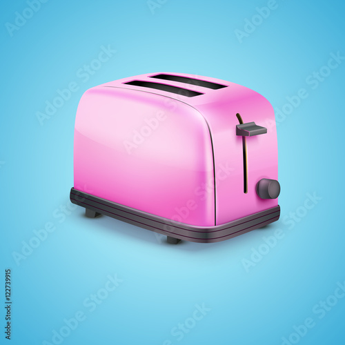 Bright Pink Glossy Toaster. Vector illustration on blue background