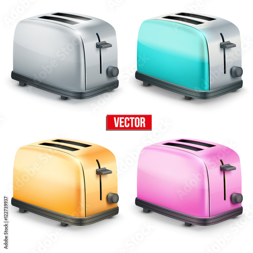 Set of Bright retro colorful Metal Glossy Toasters. Vector illustration isolated on white background.