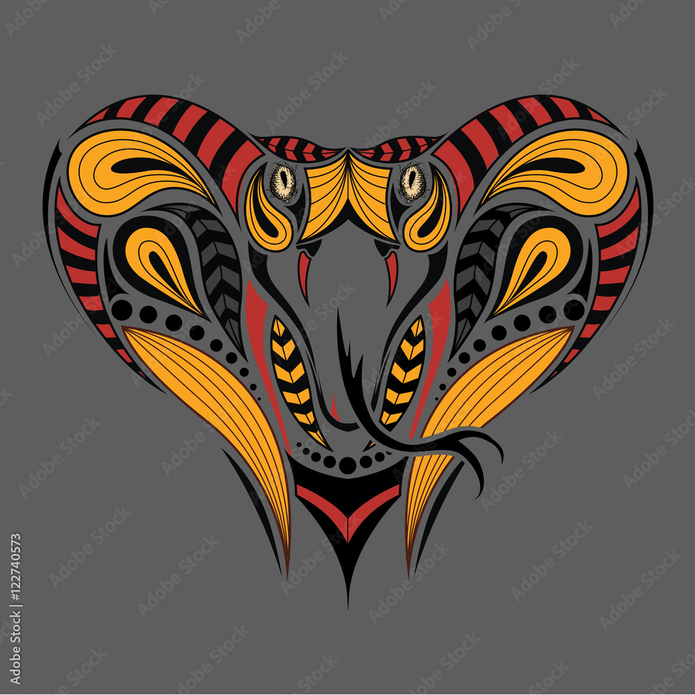 Patterned colored head of the King Cobra. African, indian tattoo design. It may be used for design of a t-shirt, bag, postcard and poster.