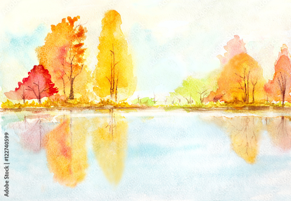 Obraz premium autumn trees with reflection in a lake. abstract watercolor landscape