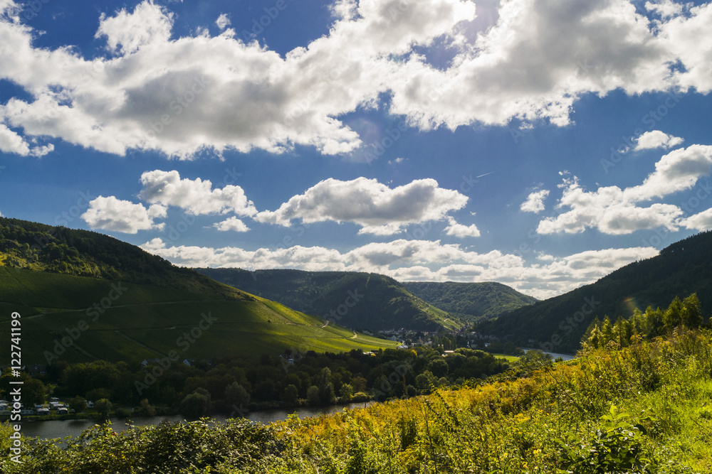 Mountains, sky and clouds. Autumn. Mosel River valley. Germany. 