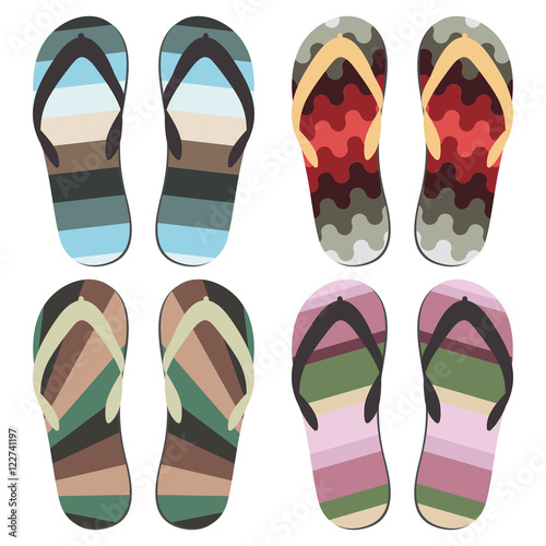Set of Beach Slippers. Different Styles and Colors of Flip Flops Over White Background
