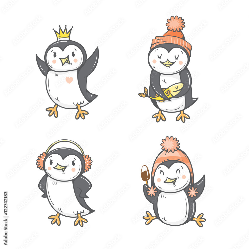 Fototapeta premium Cute cartoon penguins set. Four arctic birds. Funny animals. Winter season. Vector contour colorful image. Children's illustration.