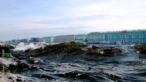 Waves on Neva river against the Hermitage (Winter Palace) in St. Petersburg