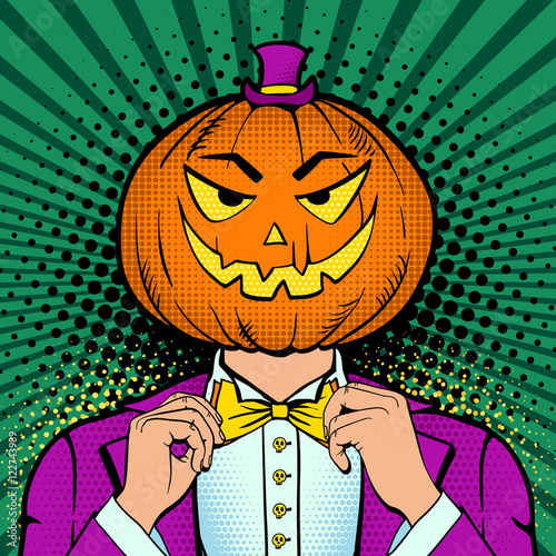 A man in a suit with pumpkin head and smile corrects his bow tie. Vector illustration in retro comic style. Colorful pop art background. Halloween party invitation.