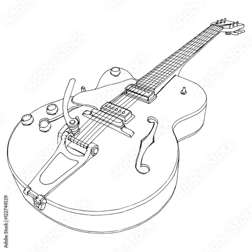 Stylized guitar. Retro . Jazz electric . Musical instrument. Music. Rock. Line art. Drawing by hand. Graphic arts. Tattoo. Doodle.