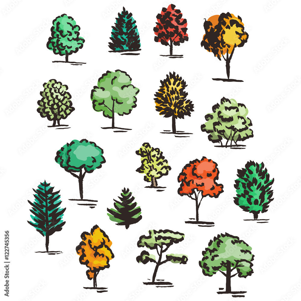 Fototapeta premium Set of hand drawn colorful trees. Ink style.