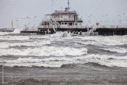 Big waves destroy the wooden pier in Sopot, Poland.