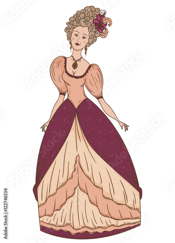 Beautiful woman in vintage dress and hairstyle n Baroque style. Hand drawn vector illustration