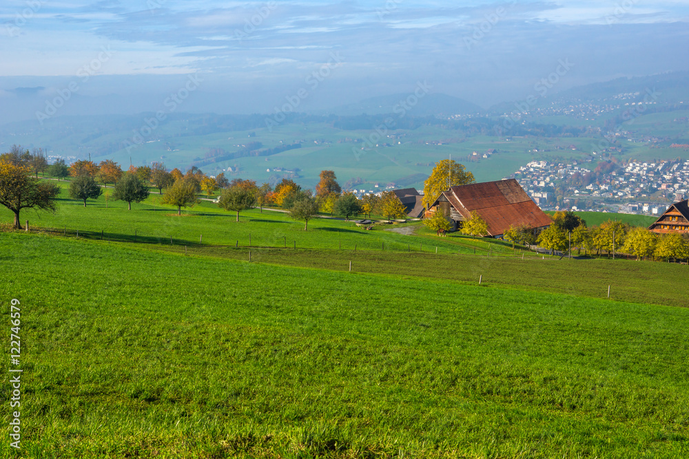 Obraz premium Amazing Panorama of Mount Pilatus and Lake Lucerne covered with frog, Alps, Switzerland