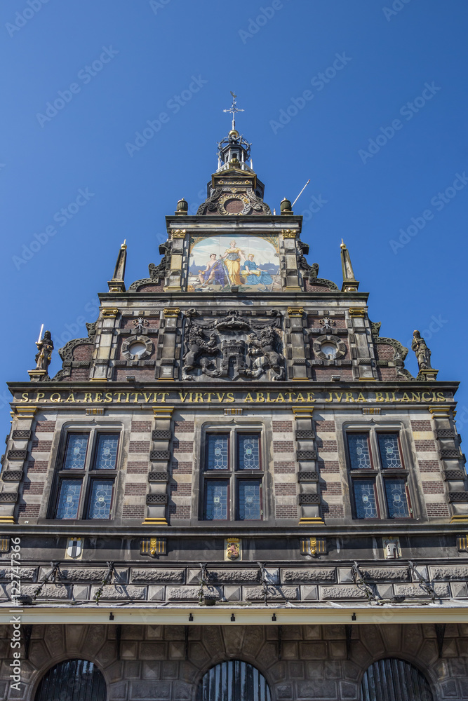 Facade of the historical weigh house in Alkmaar