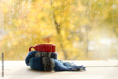 autumn warming atmosphere/ red circle in the cozy warm scarf on the background of a wet window after the rain 