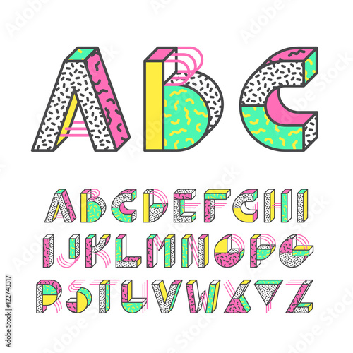 Memphis style geometrical color outline latin font