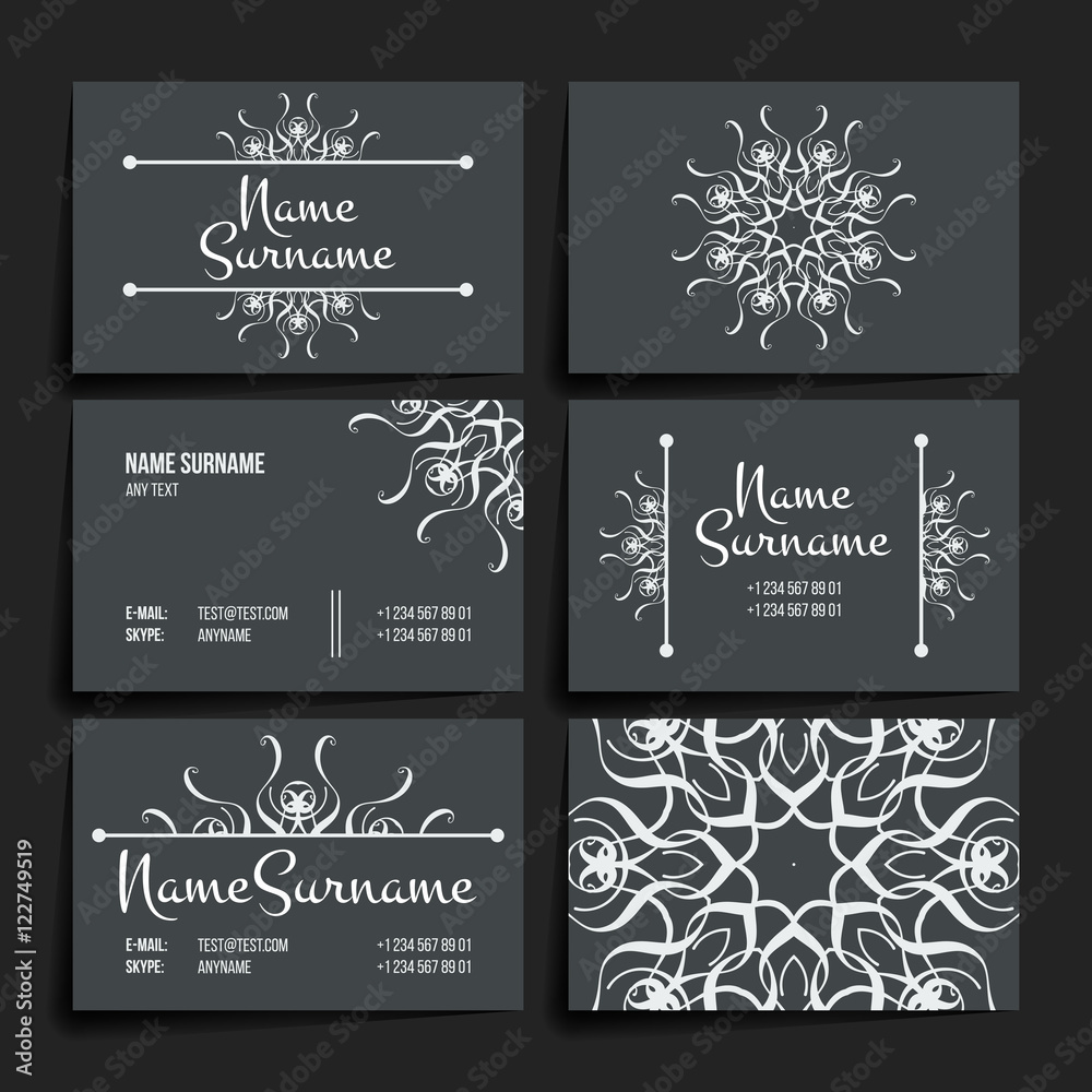 Set of vector design templates. Business card with floral circle ornament. Mandala style. Set of vector design templates. Business card with floral circle ornament. Mandala style.