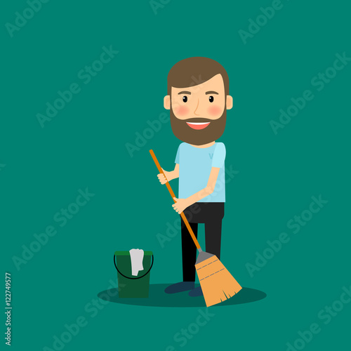 Man washing the floor. Man with broom vector illustration
